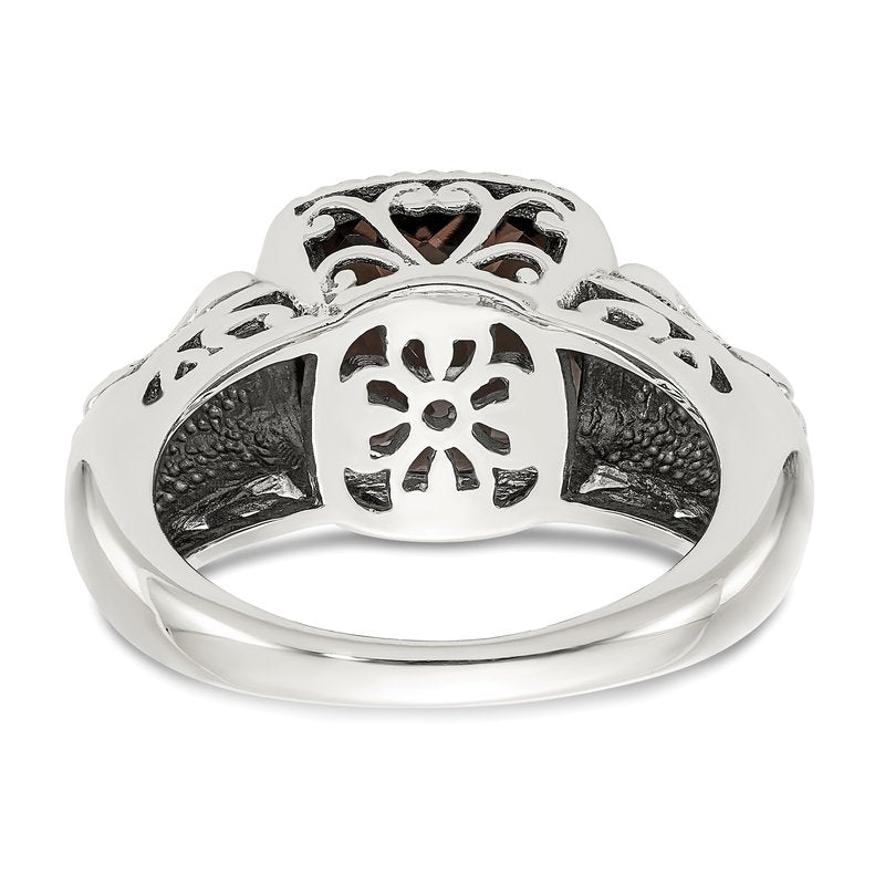 Sterling Silver with 14K Accent Antiqued Cushion Smoky Quartz Ring