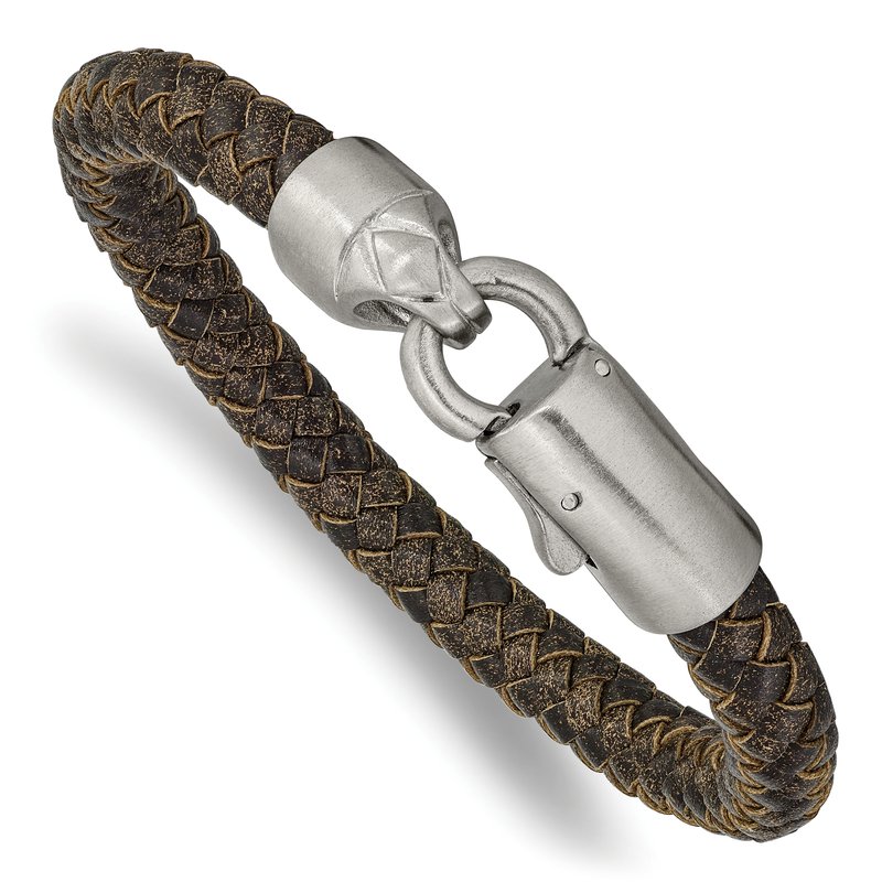 Stainless Steel Brushed Brown Braided Leather 8.25 inch Bracelet