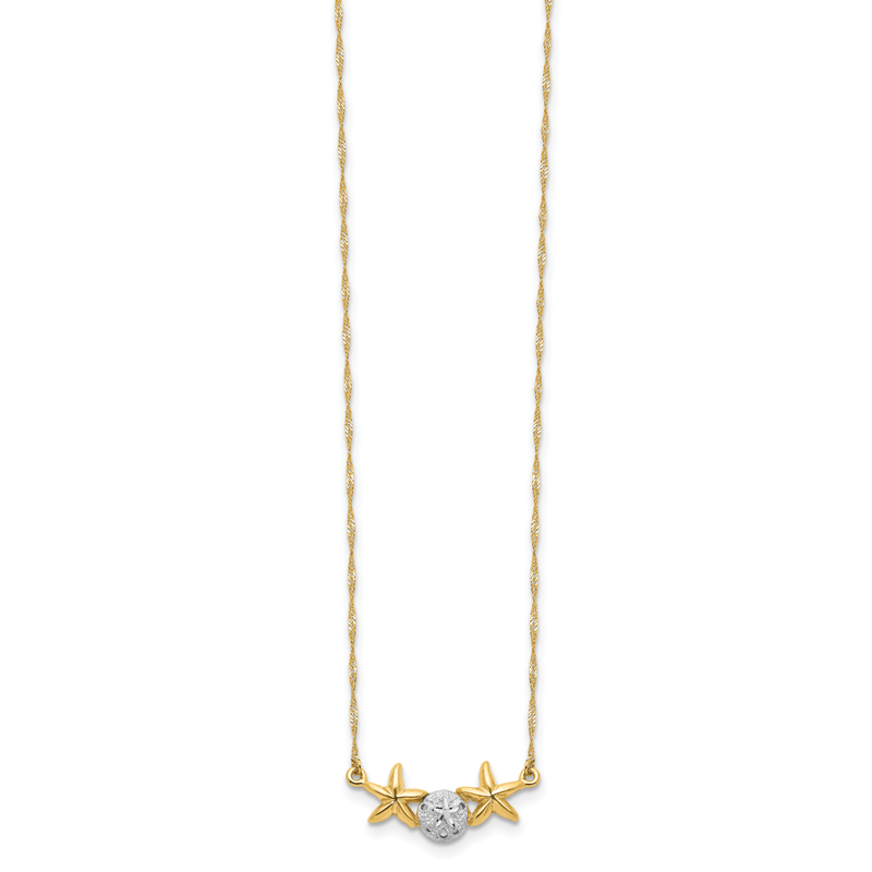 14K with White Rhodium Brushed and Polished Sand Dollar and Starfish 18 inch Necklace