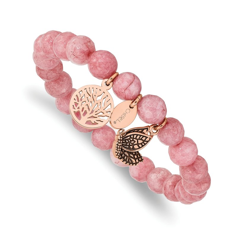 Stainless Steel Antiqued and Polish Rose IP-plated Butterfly and Tree of Life 8mm Pink Dyed Jade Beaded Stretch Bracelet