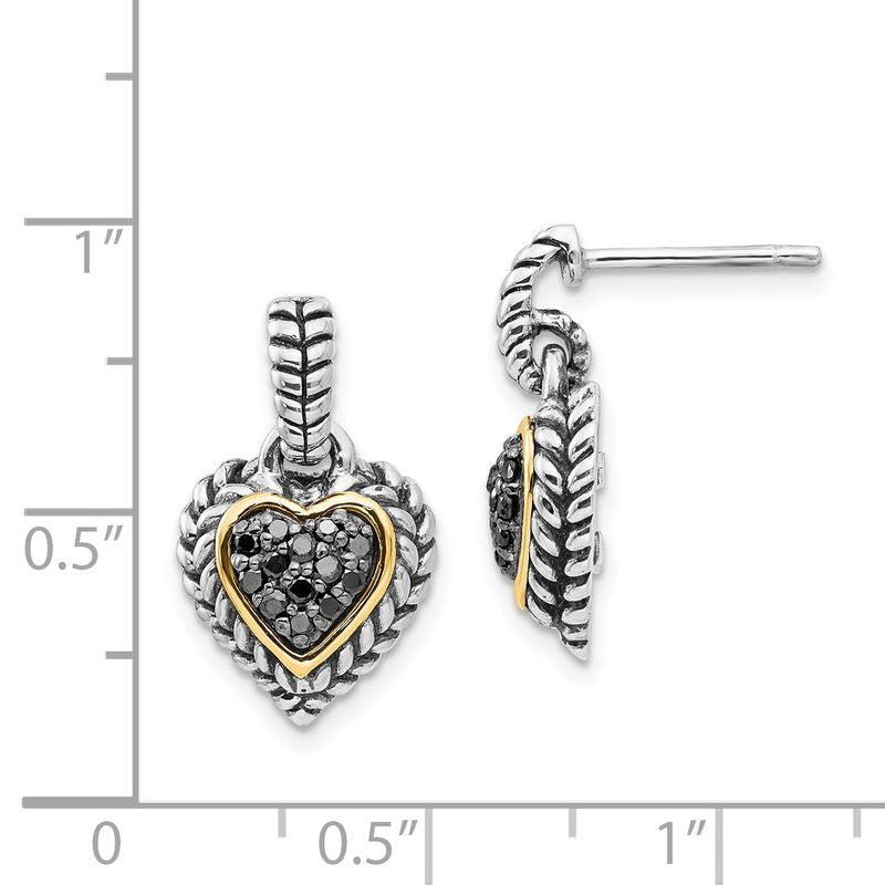 Sterling Silver with 14K Accent Antiqued Black Diamond Dangle Post Heart Earrings
