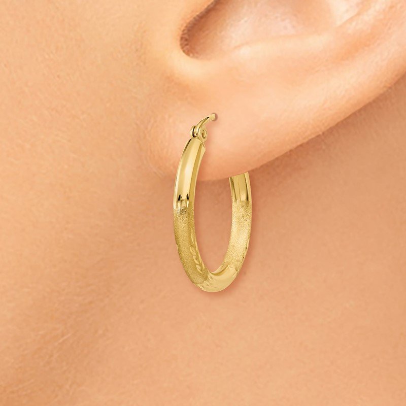 14k Satin and Diamond-cut 2.5mm Round Hoop Earrings