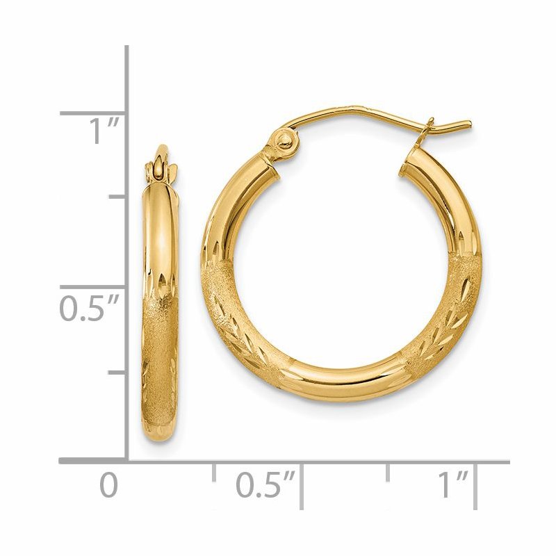 14k Satin and Diamond-cut 2.5mm Round Hoop Earrings