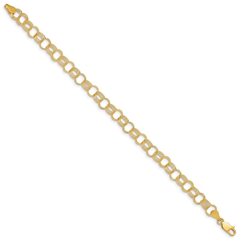 14k 7.5mm Solid Polished and Textured Triple Link 7 inch Charm Bracelet