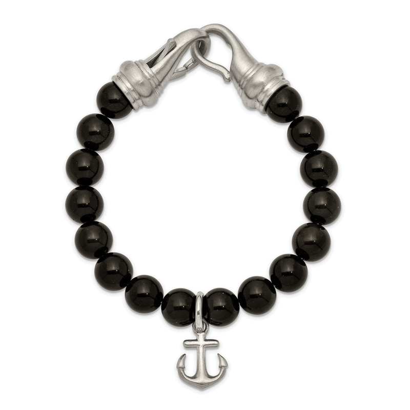 Stainless Steel Brushed Anchor Black Agate Beaded 8 inch Bracelet