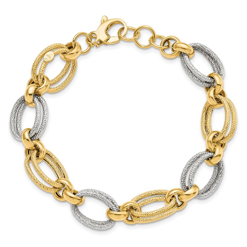 14K Two-tone Polished and Textured Fancy Link Bracelet