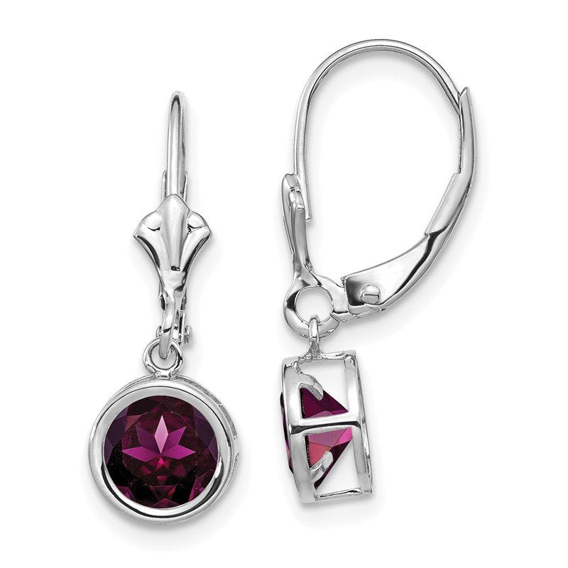 14k White Gold 6mm Round Rhodolite Garnet Bezel Leverback Dangle Earrings