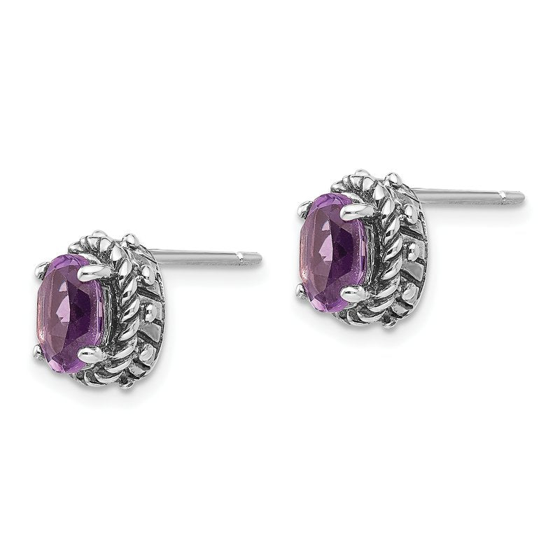 Sterling Silver Antiqued Oval Amethyst Post Earrings