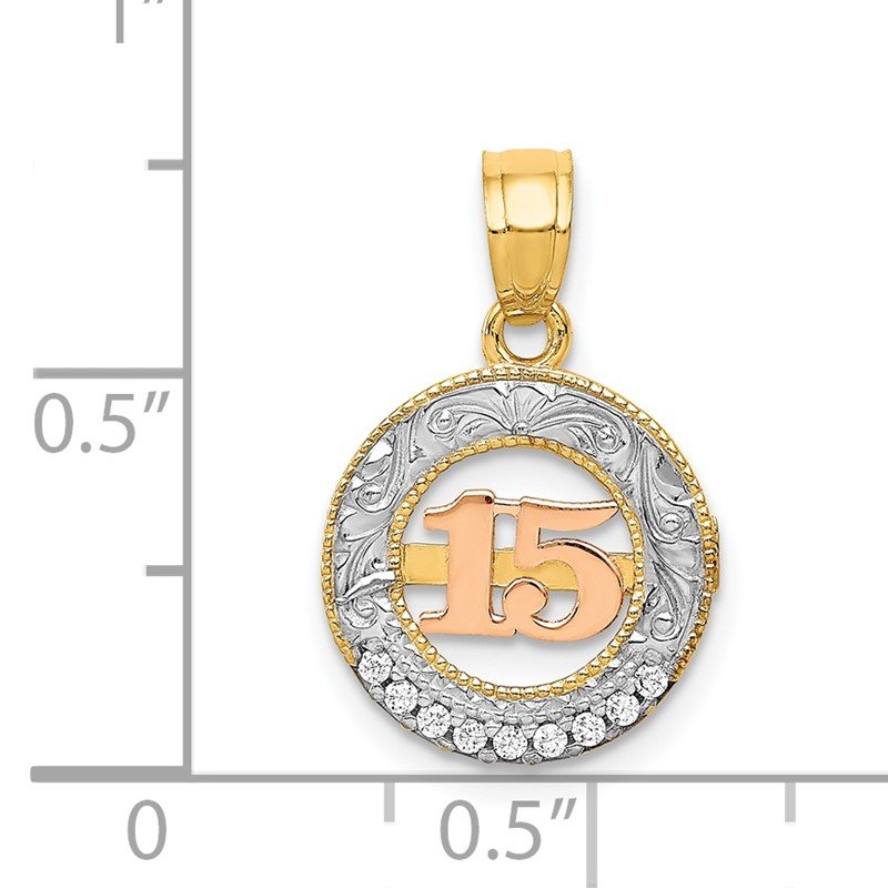 14k Two-tone with White Rhodium CZ 15 in Circle Pendant