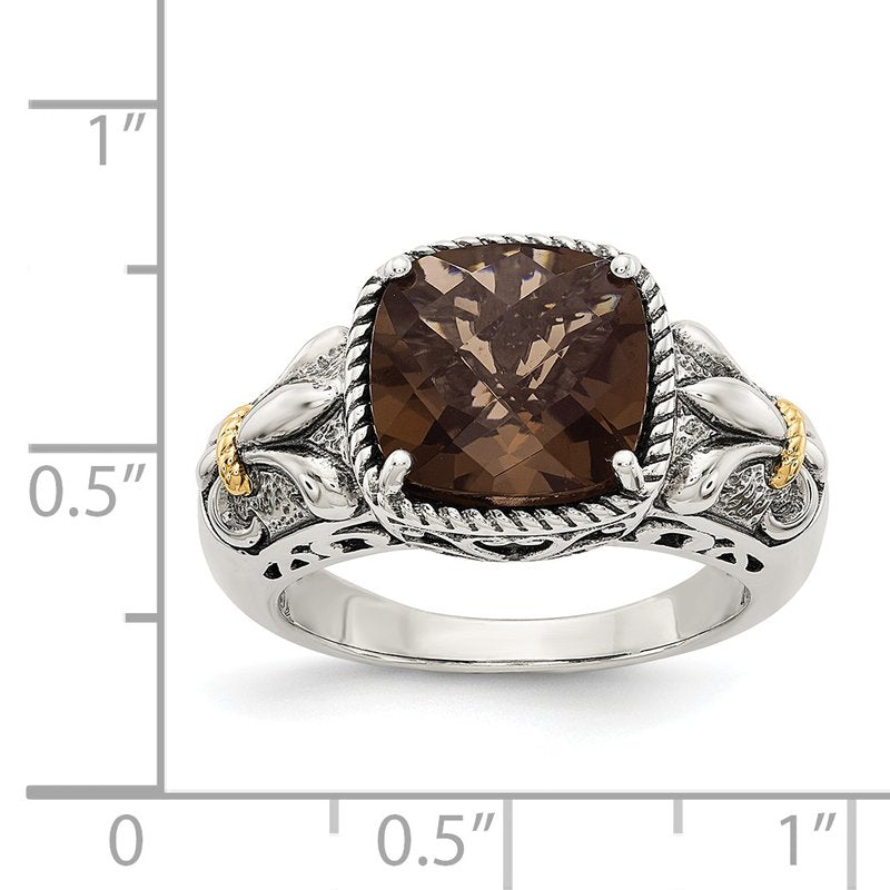 Sterling Silver with 14K Accent Antiqued Cushion Smoky Quartz Ring