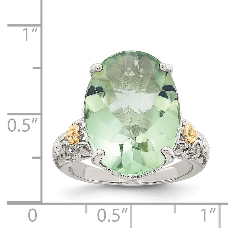 Sterling Silver Rhodium-plated with 14K Accent Oval Green Quartz Ring