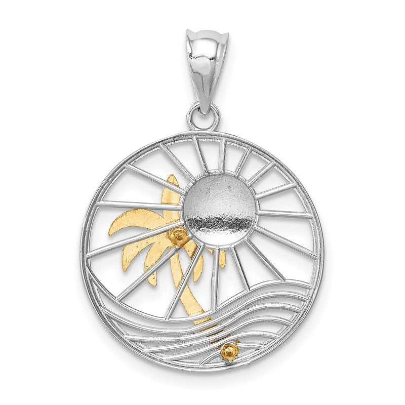 14K Two-tone Sun and Palm Tree in Circle Pendant