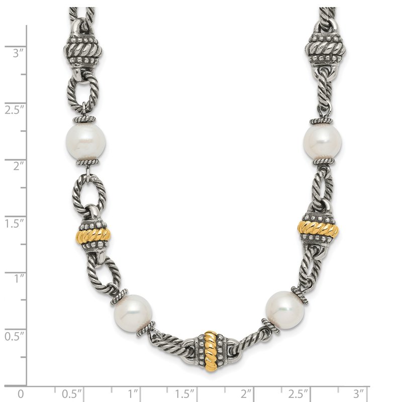 Sterling Silver with 14K Accent 18 Inch Antiqued 8mm Freshwater Cultured Pearl Necklace