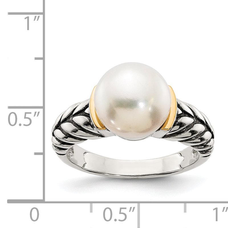 Sterling Silver with 14K Accent Antiqued 10mm Button Freshwater Cultured Pearl Ring