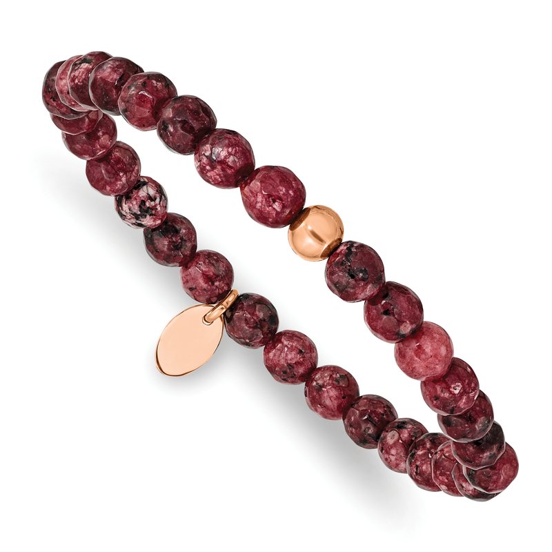 Stainless Steel Polished Rose IP-plated 6mm Red Jade Beaded Stretch Bracelet