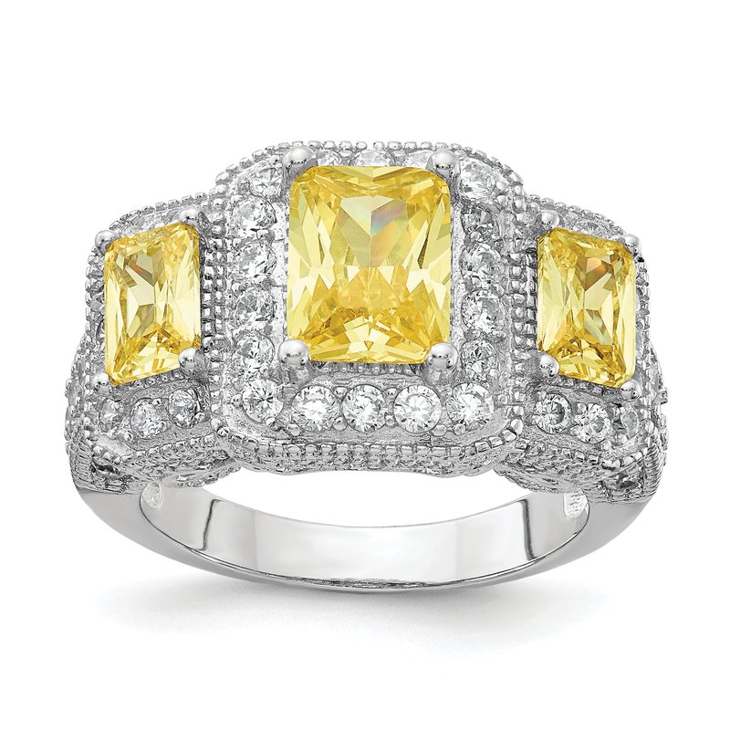 Sterling Silver Rhodium-plated Yellow Radiant-cut and White Brilliant-cut CZ 3 Stone Ring