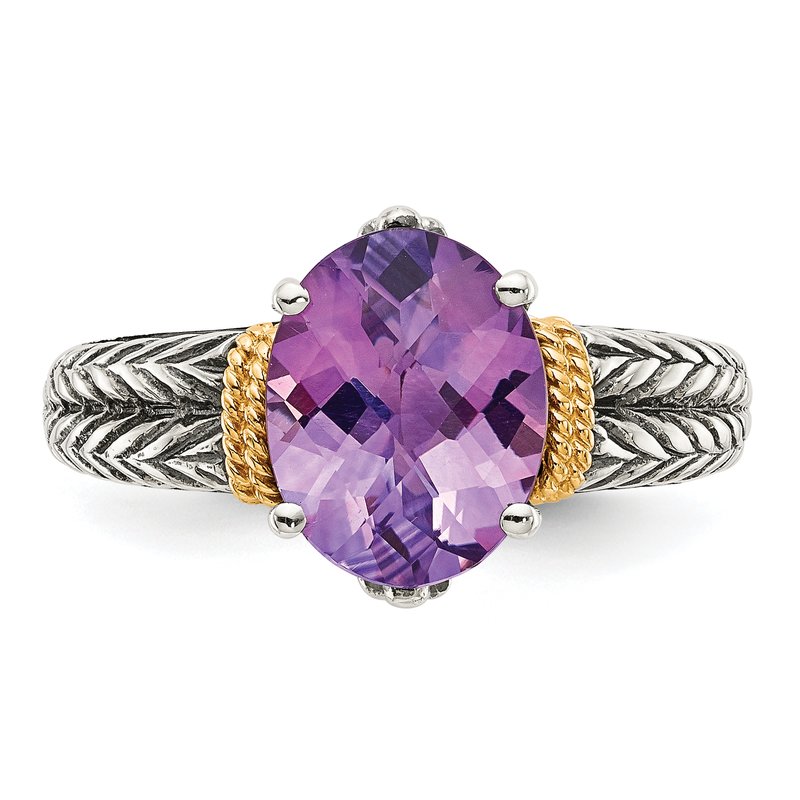 Sterling Silver with 14K Accent Antiqued Oval Amethyst Ring