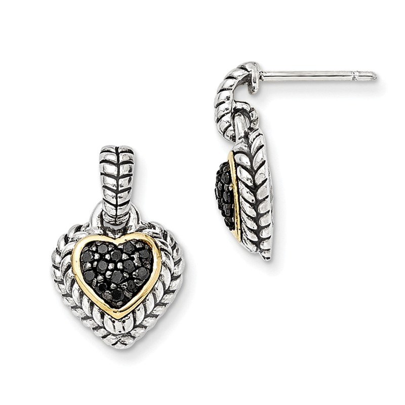 Sterling Silver with 14K Accent Antiqued Black Diamond Dangle Post Heart Earrings