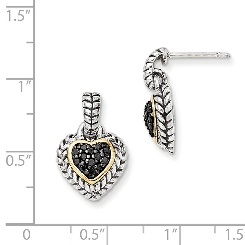 Sterling Silver with 14K Accent Antiqued Black Diamond Dangle Post Heart Earrings