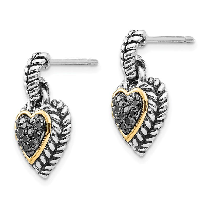 Sterling Silver with 14K Accent Antiqued Black Diamond Dangle Post Heart Earrings