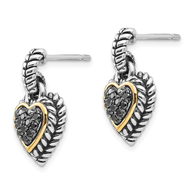 Sterling Silver with 14K Accent Antiqued Black Diamond Dangle Post Heart Earrings