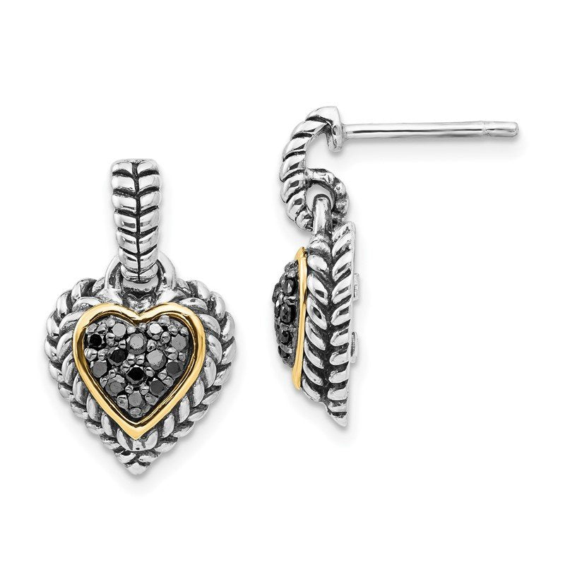 Sterling Silver with 14K Accent Antiqued Black Diamond Dangle Post Heart Earrings