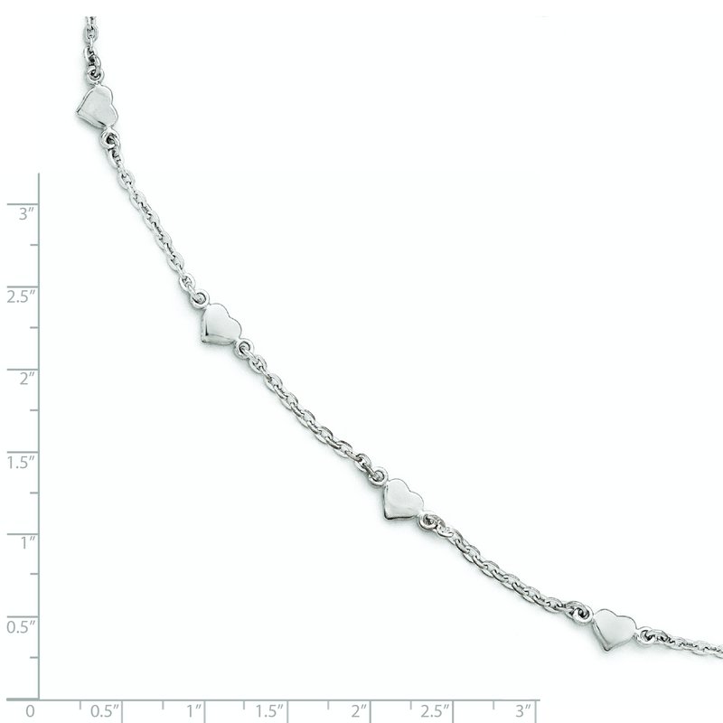 Sterling Silver Rhodium-plated Polished Heart 5-Station 9 inch with 1 inch extender - Total 10 inch Anklet