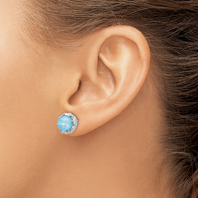 Sterling Silver Rhodium-plated Cabochon Lab Created Blue Opal and Brilliant-cut CZ Post Earrings