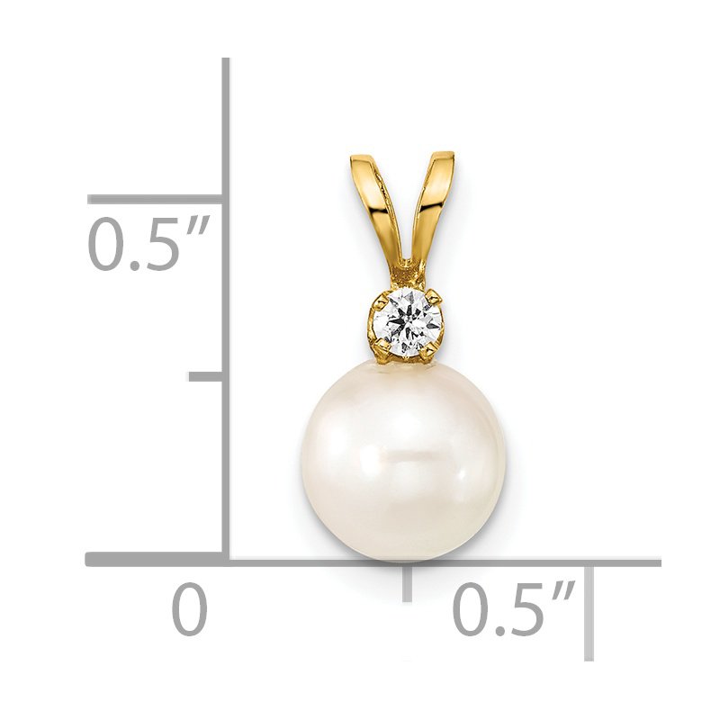 14k 7-8mm White Round Akoya Saltwater Cultured Pearl and 1/20 Carat Diamond Pendant