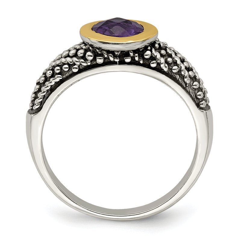 Sterling Silver with 14K Accent Antiqued Round Bezel Amethyst Ring