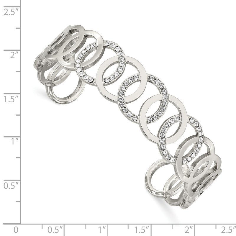 Stainless Steel Polished with Crystals 14.5mm Circles Cuff Bangle
