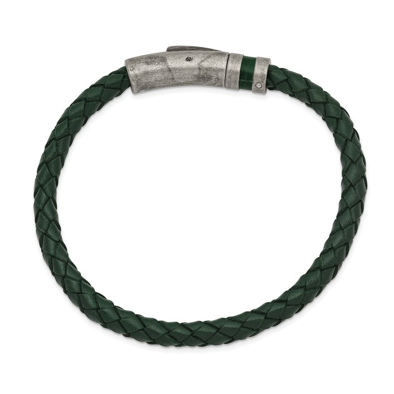 Stainless Steel Antiqued Green Braided Leather 8.25 inch Bracelet