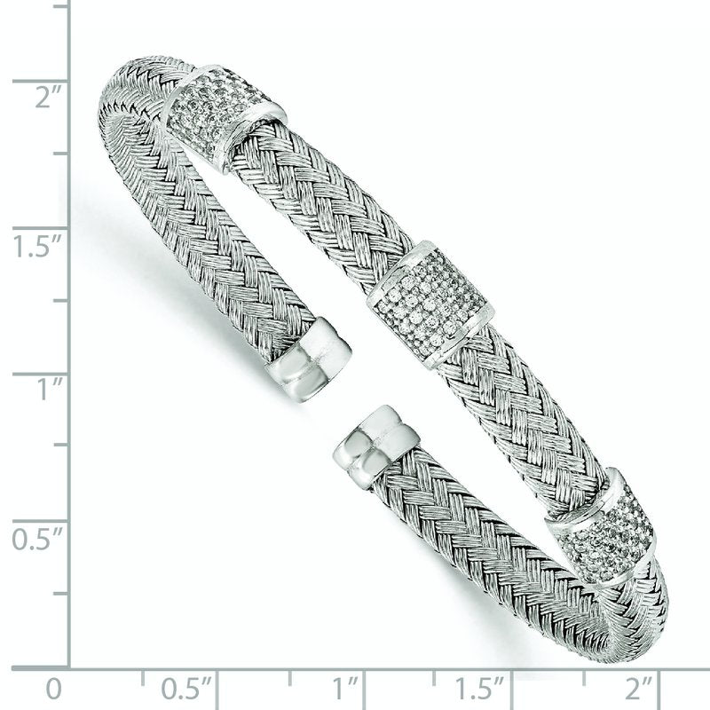 Sterling Silver Rhodium-plated CZ Woven Flexible Cuff