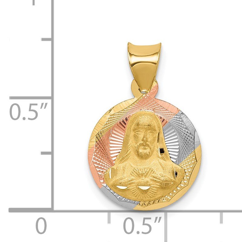 14K with Rose and White Rhodium Diamond-cut Solid Sagrado Corazon de Jesus Round Pendant