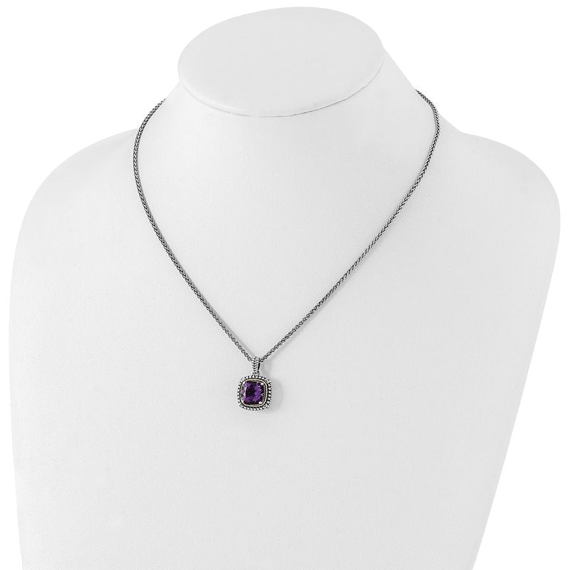 Sterling Silver with 14K Accent 18 Inch Antiqued Cushion Amethyst Necklace