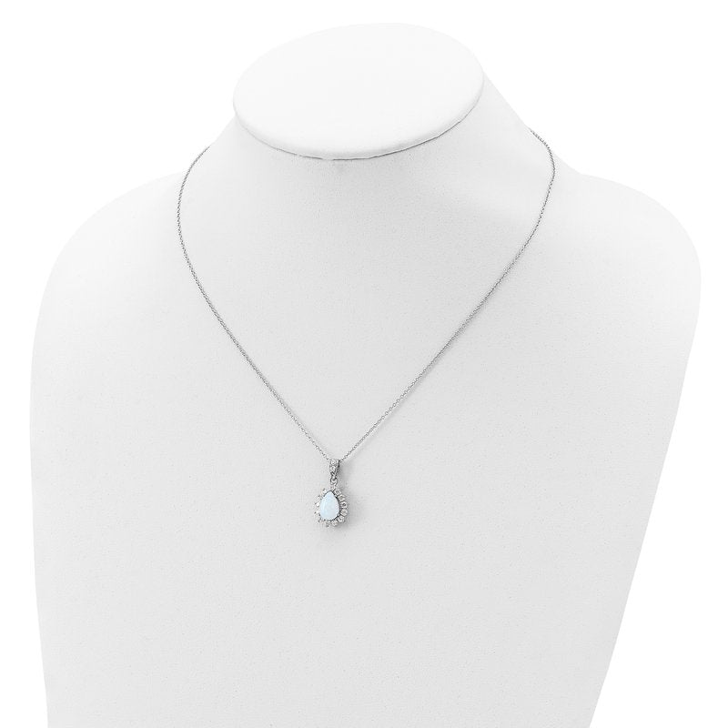 Sterling Silver Rhodium-plated Cabochon Lab Created Opal and Brilliant-cut CZ Teardrop Halo 18 Inch Necklace