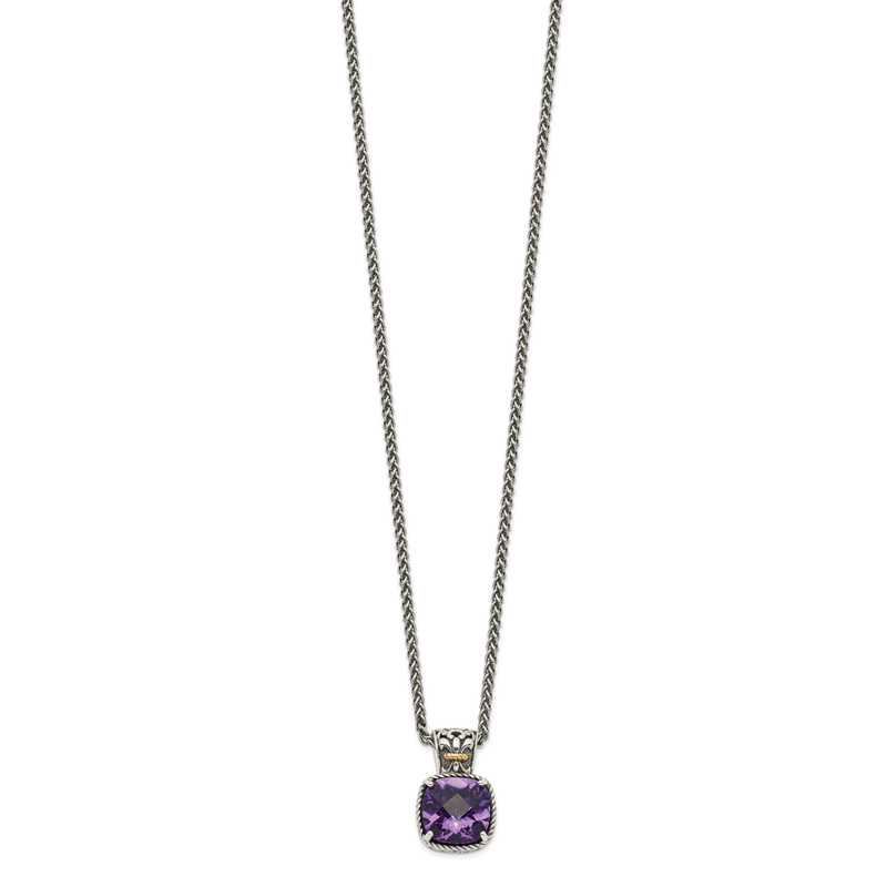 Sterling Silver with 14K Accent 18 Inch Antiqued Cushion Checkerboard Amethyst Necklace