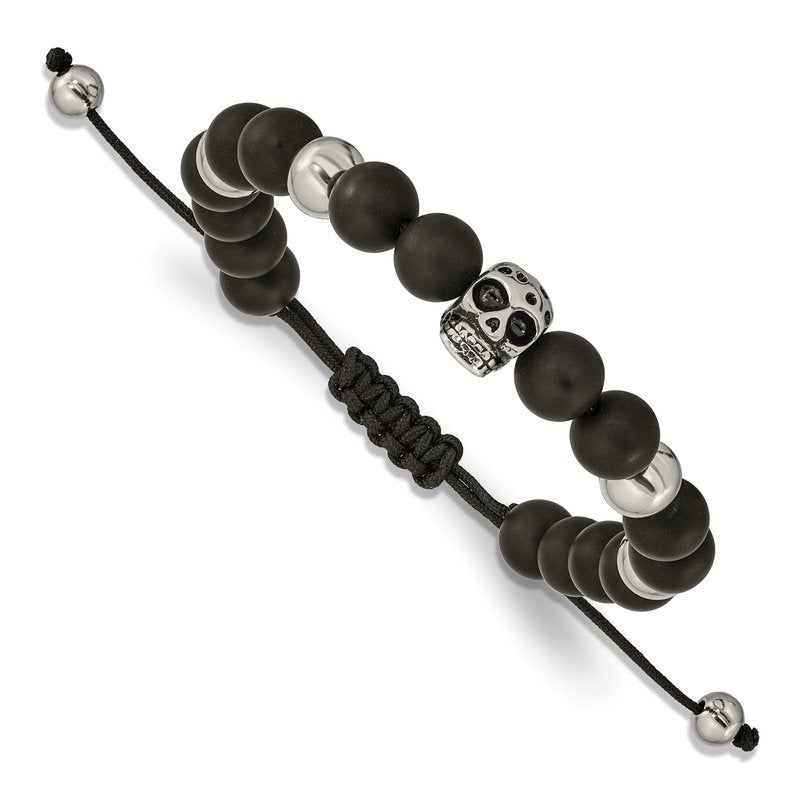 Stainless Steel Antiqued and Polished Skull Black Onyx Beaded Black Macrame Adjustable Bracelet