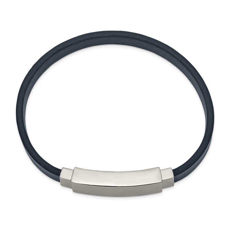 Stainless Steel Polished Navy Blue Leather 8.5 inch ID Bracelet