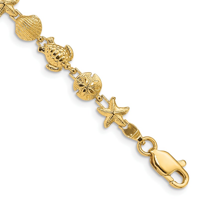 14k Polished and Textured Sea Life 7 inch Bracelet