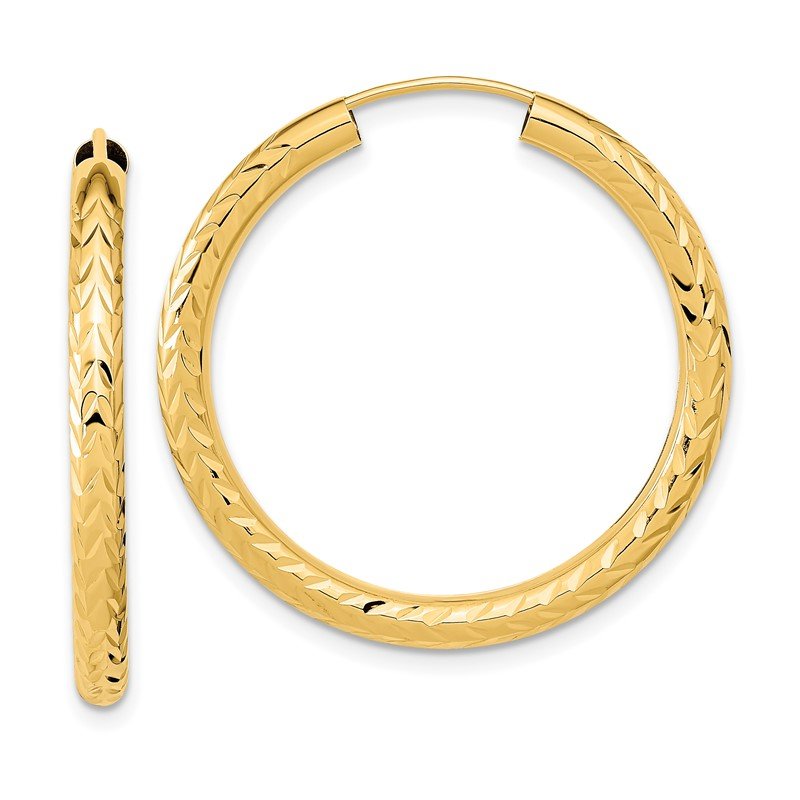 14k 3.00x30mm Polished Diamond-cut Endless Tube Hoop Earrings