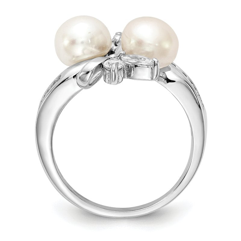 Sterling Silver Rhodium-plated Freshwater Cultured Pearl and Brilliant-cut CZ Leaves Ring