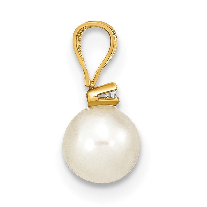 14k 5-6mm White Round Akoya Saltwater Cultured Pearl and .01 Carat Diamond Pendant