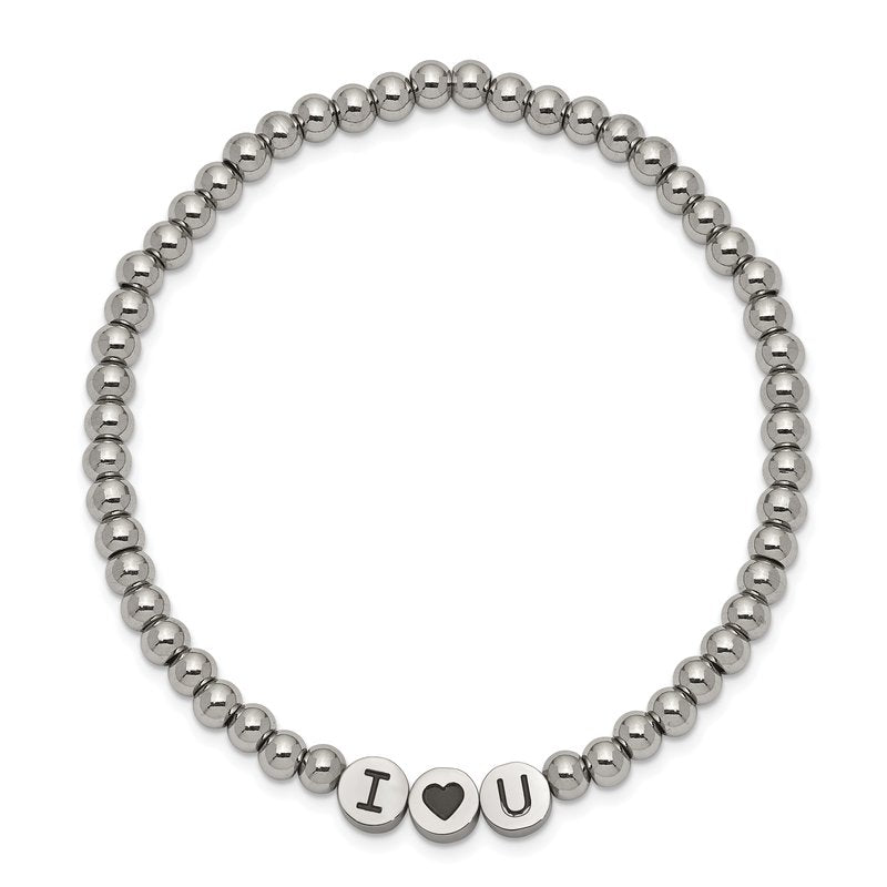 Stainless Steel Antiqued and Polished I HEART U 4mm Beaded Stretch Bracelet