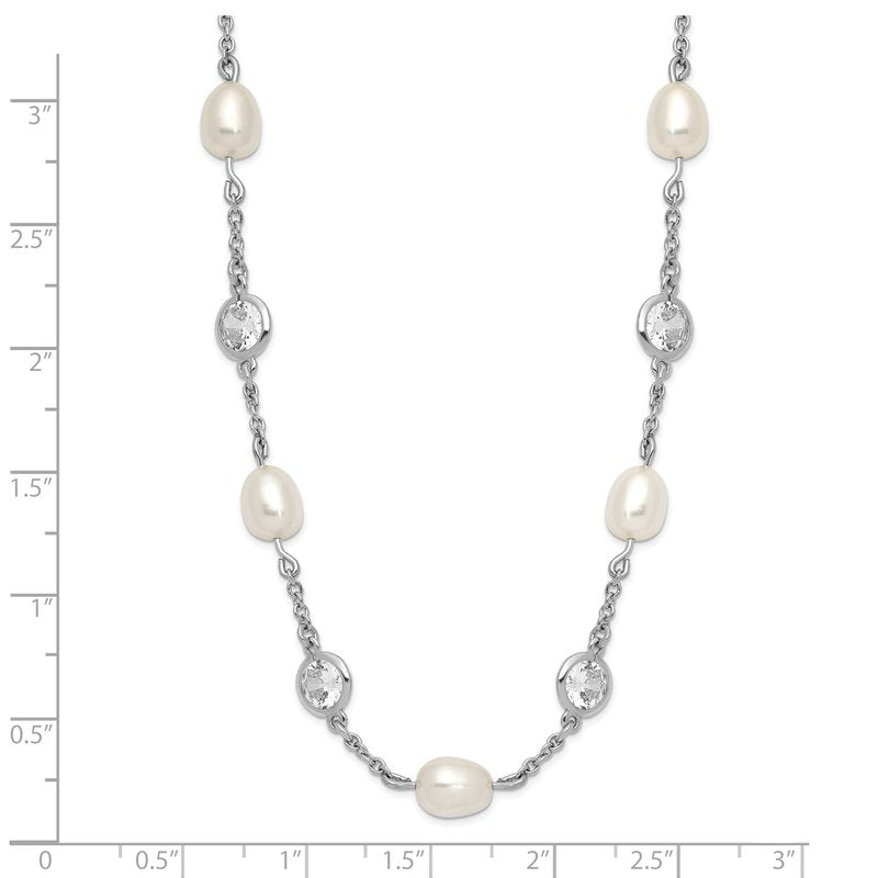 Sterling Silver Rhodium-plated Freshwater Cultured Pearl and Brilliant-cut CZ Bezel Station 36 Inch Necklace