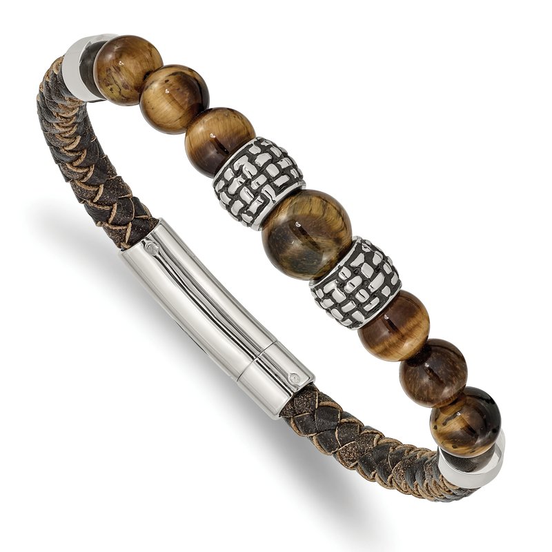 Stainless Steel Antiqued and Polished Tiger's Eye Beads Brown Leather 8.5 inch Bracelet
