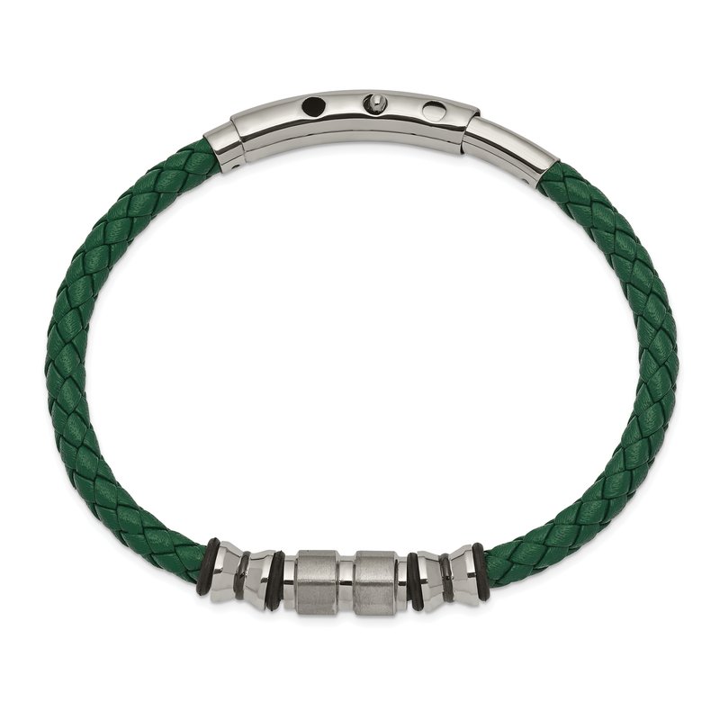 Stainless Steel Brushed and Polished Black IP-plated with Rubber Green Braided Leather Adjustable 7.75 to 8.25 inch Bracelet