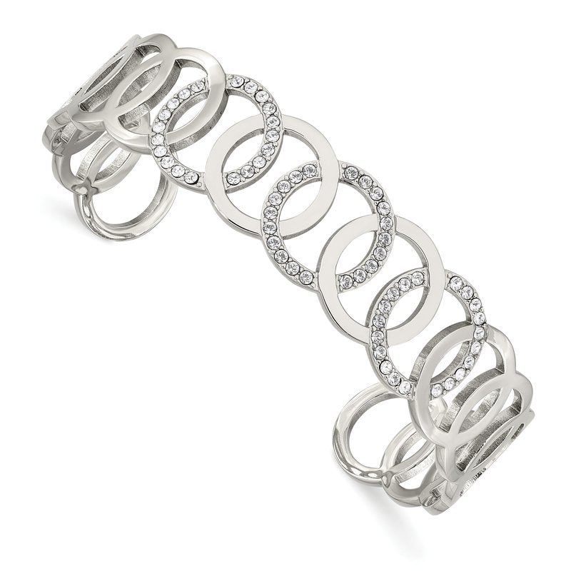 Stainless Steel Polished with Crystals 14.5mm Circles Cuff Bangle