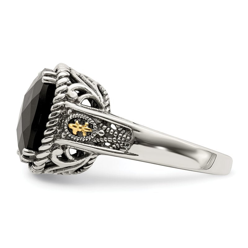 Sterling Silver with 14K Accent Antiqued Checkerboard-cut Black Onyx Ring