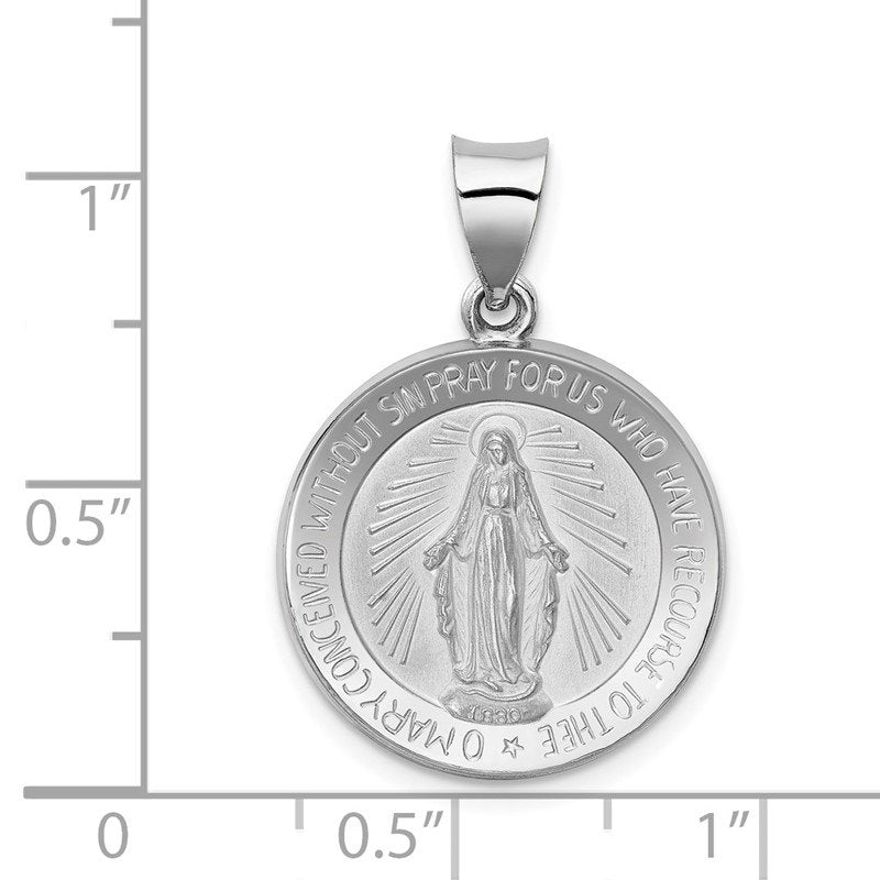 14k White Gold Polished and Satin Hollow Miraculous Medal Round Pendant